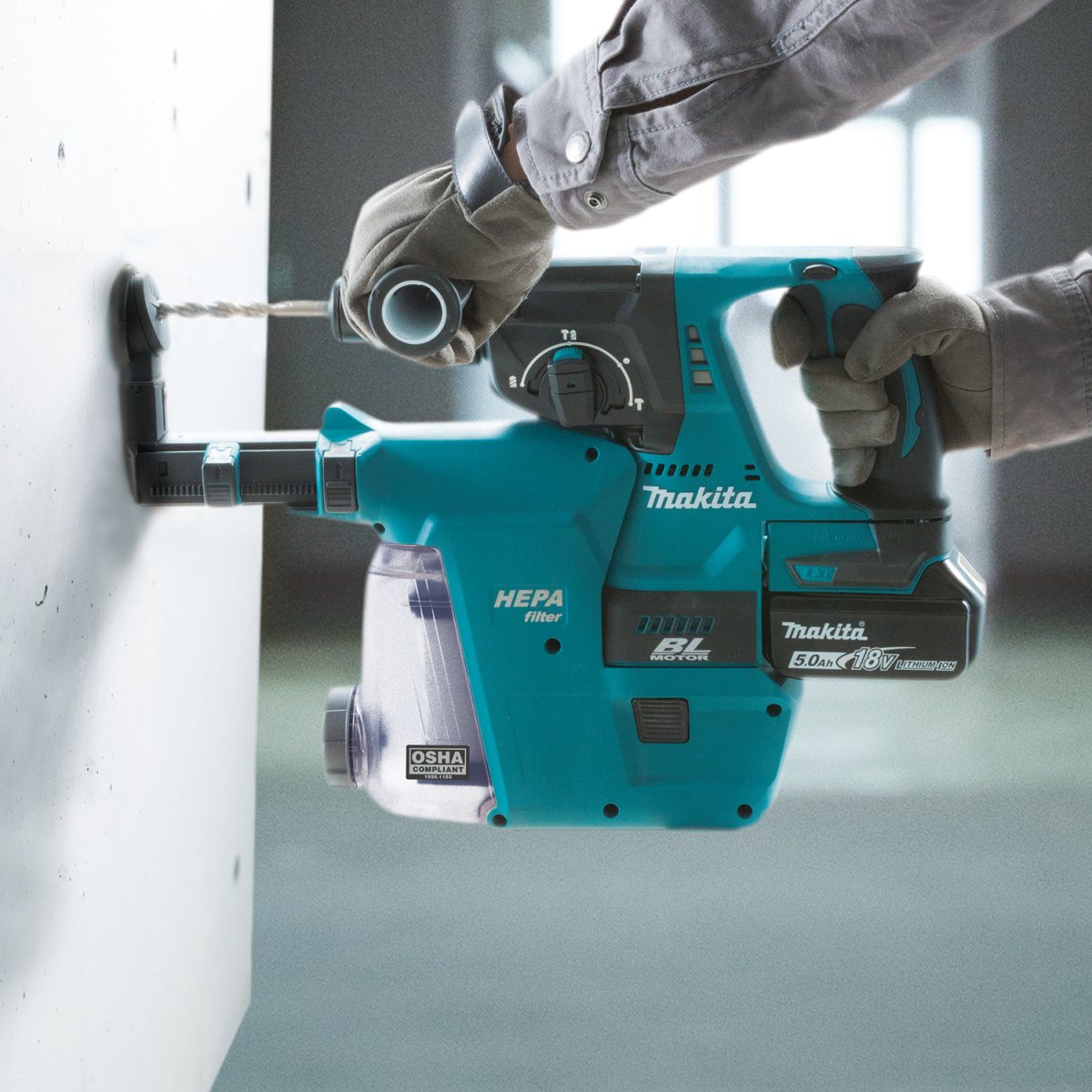18V LXT® Lithium‑Ion Brushless Cordless 1" Rotary Hammer, accepts SDS‑PLUS bits, w/ HEPA Dust Extractor Attachment, Tool Only Makita
