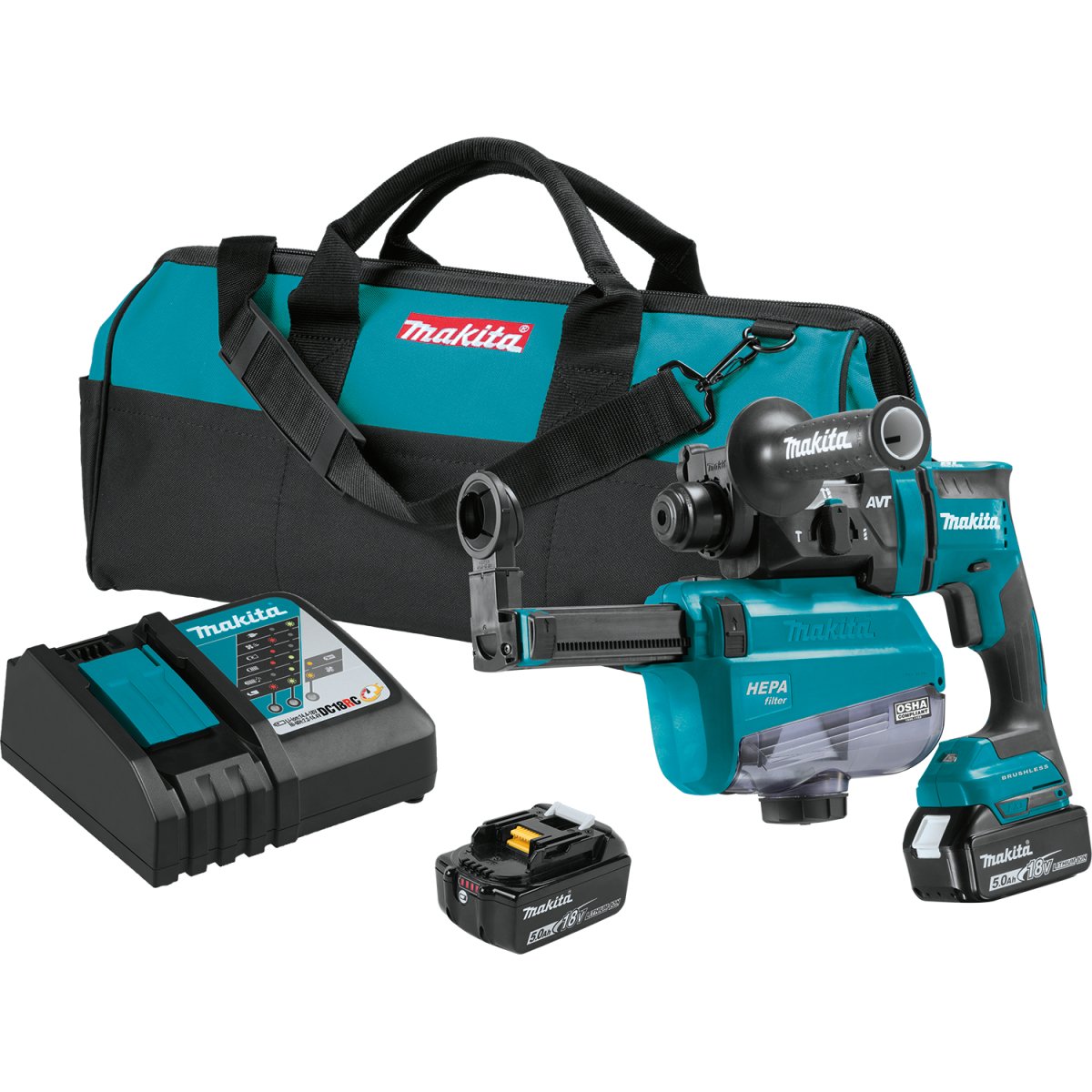18V LXT® Lithium‑Ion Brushless Cordless 11/16" AVT® Rotary Hammer, accepts SDS‑PLUS bits, AWS® Capable XRH12TW Makita Kit w/ HEPA Dust Extractor