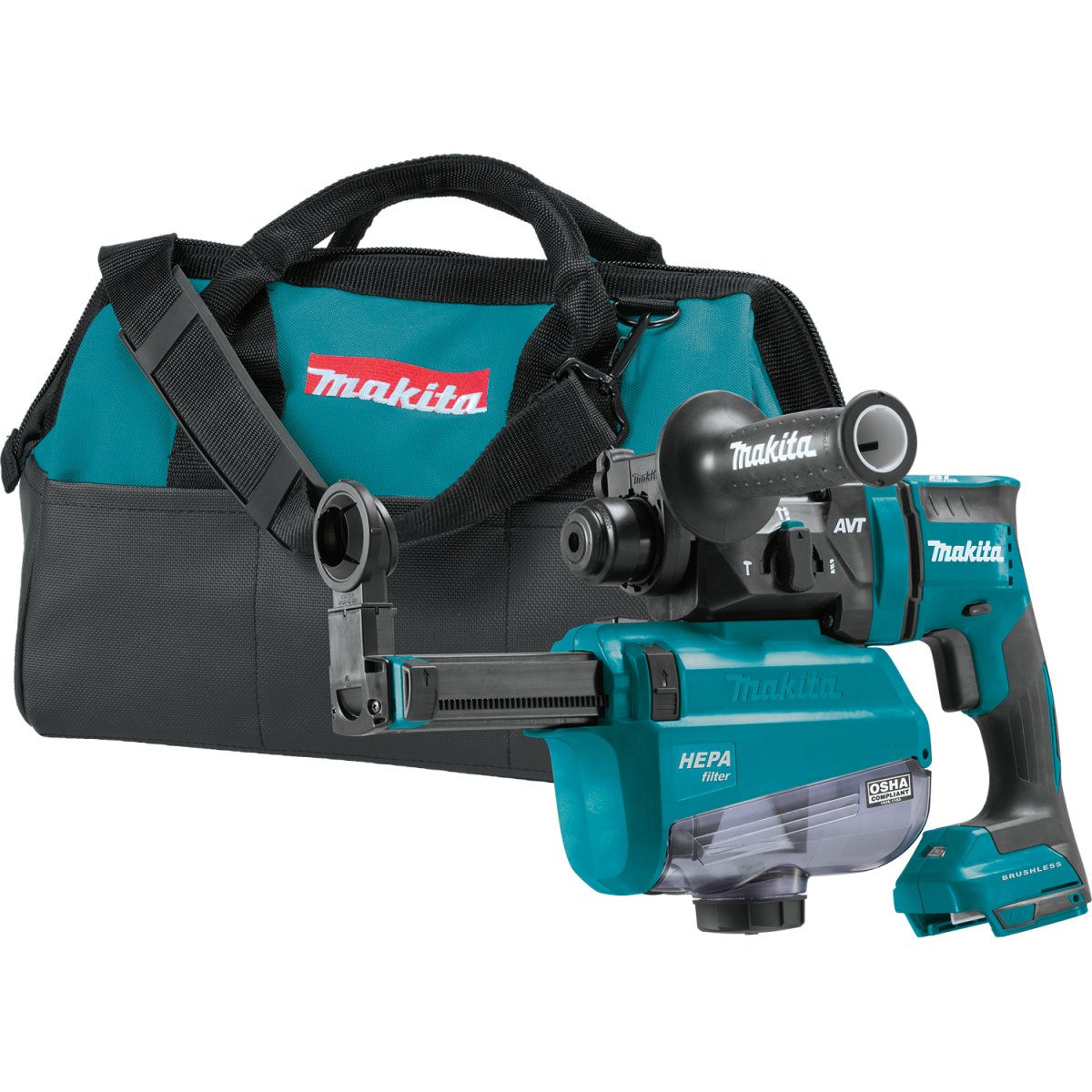 18V LXT® Lithium‑Ion Brushless Cordless 11/16" AVT® Rotary Hammer, accepts SDS‑PLUS bits, AWS® Capable XRH12ZW Makita Tool w/ HEPA Dust Extractor
