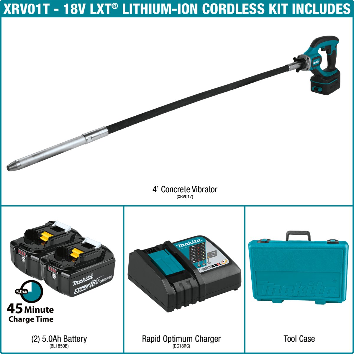 18V LXT® Lithium‑Ion Cordless 4' Concrete Vibrator Makita