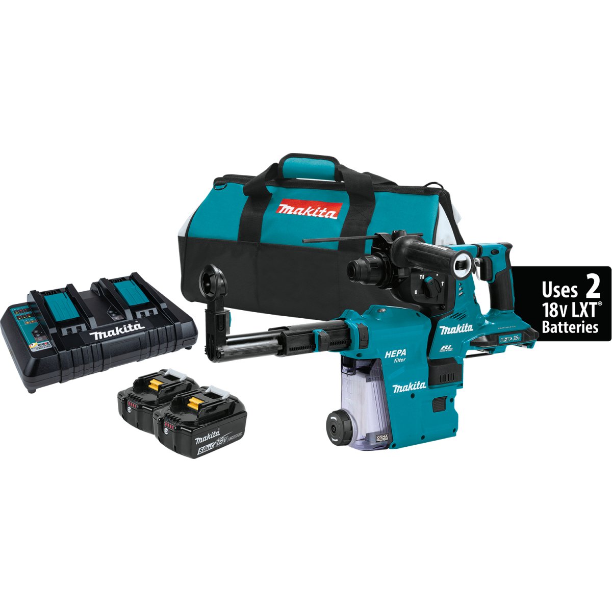 36V (18V X2) LXT® Brushless 1‑1/8" AVT® Rotary Hammer, accepts SDS‑PLUS bits (5.0Ah) XRH08PTW Makita Kit w/ HEPA Dust Extractor