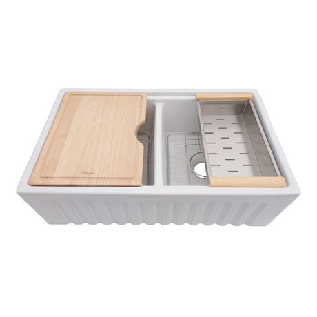Dakota Sinks DSE-FCAL5050S Signature Elements Series 33 Inch Fire Clay Double Bowl Reversible Apron Front Kitchen Sink with Accessory Ledges Dakota Sinks