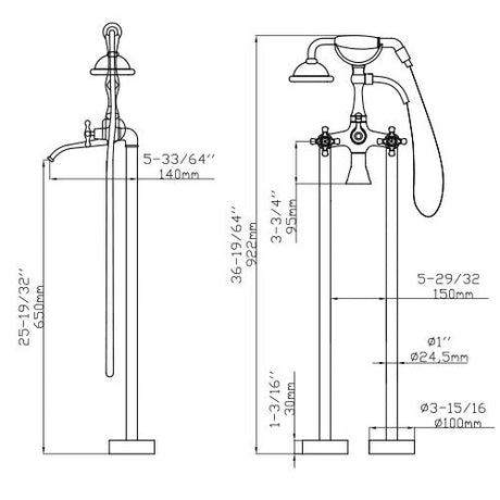 Dakota Sinks DSF-00BTF04CR Signature 36 1/4 Inch Floor Mounted Bathtub Filler Dakota Sinks