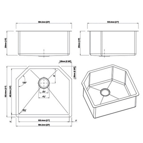 Dakota Sinks DSM-2321 Signature M-Series 23 Inch Micro Radius Single D-Bowl Undermount Kitchen Sink with Bottom Grid, Satin Brushed Nickel Dakota Sinks