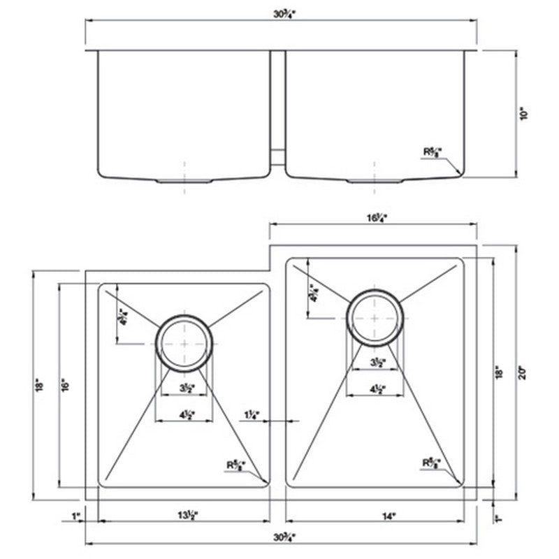 30 3/4 Inch Micro Radius 40/60 Offset Double Bowl Kitchen Sink ...
