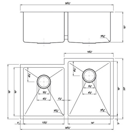 Dakota Sinks DSM-4060-1 Signature M-Series 30 3/4 Inch Micro Radius 40/60 Offset Double Bowl Undermount Kitchen Sink with Bottom Grid Dakota Sinks