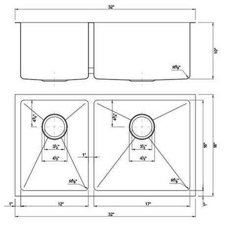 Dakota Sinks DSM-4060 Signature M-Series 32 Inch Micro Radius 40/60 Double Bowl Undermount Kitchen Sink with Bottom Grid Dakota Sinks