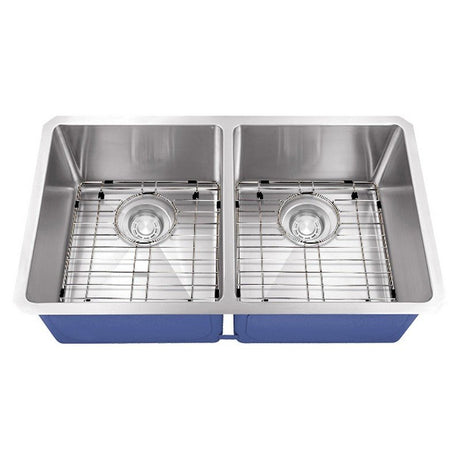 Dakota Sinks DSM-5050 Signature M-Series 32 Inch Micro Radius 50/50 Double Bowl Undermount Kitchen Sink with Bottom Grid DSM-5050 Dakota Sinks Satin Brushed Nickel