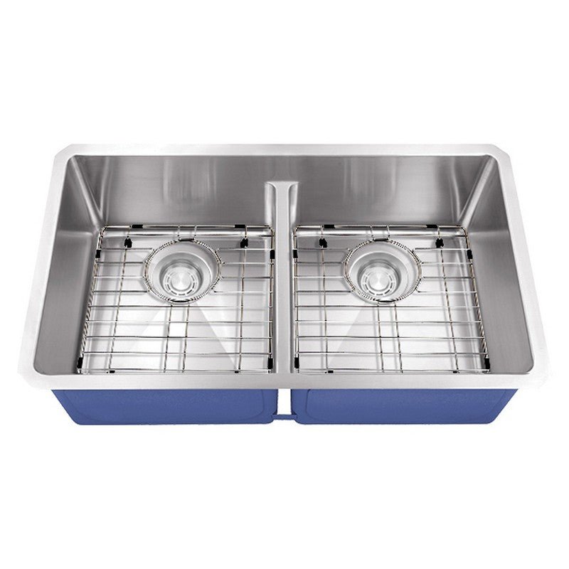 Dakota Sinks DSM-5050LD Signature M-Series 32 Inch Micro Radius 50/50 Low Divide Double Bowl Undermount Kitchen Sink with Bottom Grid DSM-5050LD Dakota Sinks Satin Brushed Nickel