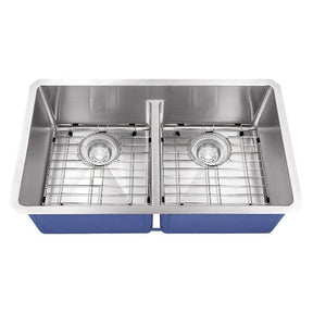 Dakota Sinks DSM-5050LD Signature M-Series 32 Inch Micro Radius 50/50 Low Divide Double Bowl Undermount Kitchen Sink with Bottom Grid DSM-5050LD Dakota Sinks Satin Brushed Nickel