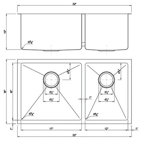 Dakota Sinks DSM-6040 Signature M-Series 32 Inch Micro Radius 60/40 Double Bowl Under-mount Kitchen Sink with Bottom Grid Dakota Sinks