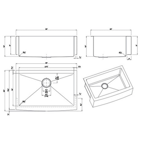 Dakota Sinks DSM-A3020 Signature M-Series 30 x 10 Inch Micro Radius Single Bowl Apron Front Kitchen Sink with Bottom Grid Dakota Sinks