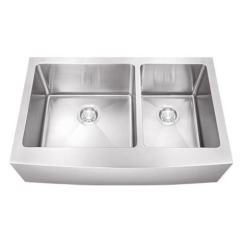 Dakota Sinks DSM-A6040 Signature M-Series 33 Inch Micro Radius 60/40 Double Bowl Apron Front Kitchen Sink with Bottom Grid DSM-A6040 Dakota Sinks Satin Brushed Nickel