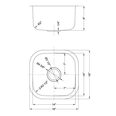 Dakota Sinks DSR-1616 Signature R-Series 16 Inch Standard Radius Single Bowl Undermount Stainless Steel Square Bar Sink with Bottom Grid Dakota Sinks