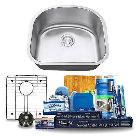 Dakota Sinks DSR-2321 Signature R-Series 23 1/4 Inch Standard Radius D-Single Bowl Undermount Stainless Steel Kitchen Sink with Bottom Grid - Satin Brushed Nickel Dakota Sinks