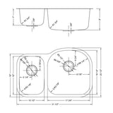 Dakota Sinks DSR-3070 Signature R-Series 31 1/2 Inch Standard Radius 30/70 Offset Double Bowl Undermount Stainless Steel Kitchen Sink with Bottom Grid - Satin Brushed Nickel Dakota Sinks