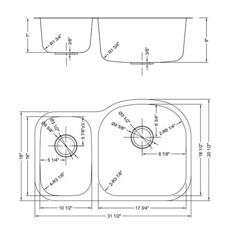 Dakota Sinks DSR-3070 Signature R-Series 31 1/2 Inch Standard Radius 30/70 Offset Double Bowl Undermount Stainless Steel Kitchen Sink with Bottom Grid - Satin Brushed Nickel Dakota Sinks