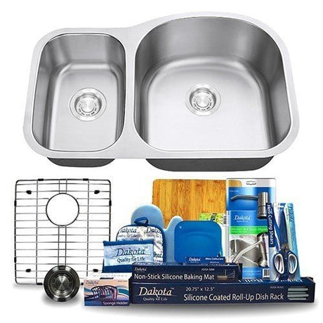 Dakota Sinks DSR-3070 Signature R-Series 31 1/2 Inch Standard Radius 30/70 Offset Double Bowl Undermount Stainless Steel Kitchen Sink with Bottom Grid - Satin Brushed Nickel Dakota Sinks