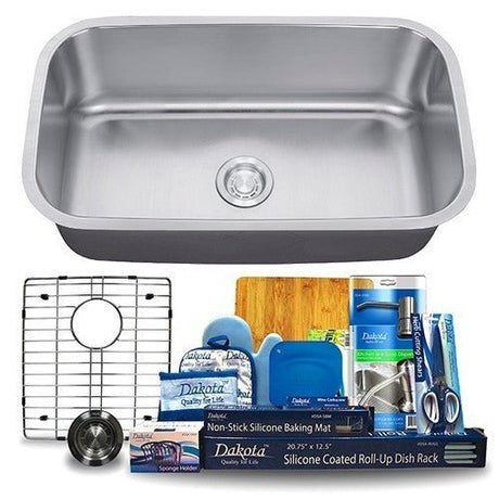 Dakota Sinks DSR-3218 Signature R-Series 31 1/2 Inch Standard Radius Single Bowl Undermount Stainless Steel Kitchen Sink with Bottom Grid - Satin Brushed Nickel Dakota Sinks