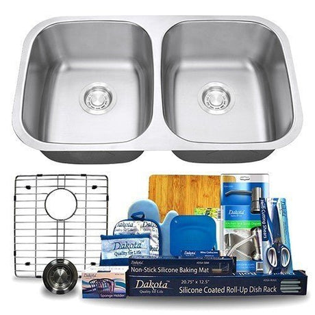 Dakota Sinks DSR-5050 Signature R-Series 32 1/4 Inch Standard Radius 40/60 Offset Double Bowl Undermount Stainless Steel Kitchen Sink with Bottom Grid Dakota Sinks