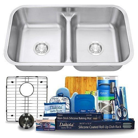 Dakota Sinks DSR-5050LD Signature R-Series 32 1/4 Inch Standard Radius 50/50 Low Divide Double Bowl Undermount Stainless Steel Kitchen Sink with Bottom Grid Dakota Sinks
