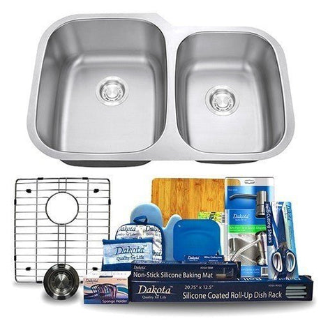 Dakota Sinks DSR-6040 Signature R-Series 32 Inch Standard Radius 60/40 Offset Double Bowl Undermount Stainless Steel Kitchen Sink with Bottom Grid Dakota Sinks