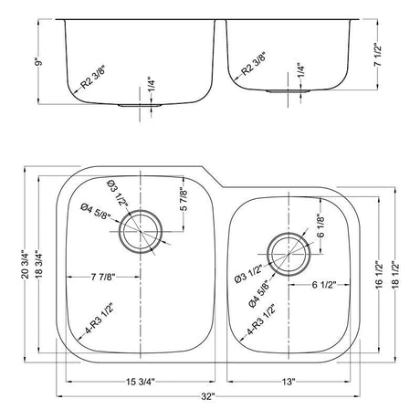 Dakota Sinks DSR-6040 Signature R-Series 32 Inch Standard Radius 60/40 Offset Double Bowl Undermount Stainless Steel Kitchen Sink with Bottom Grid Dakota Sinks