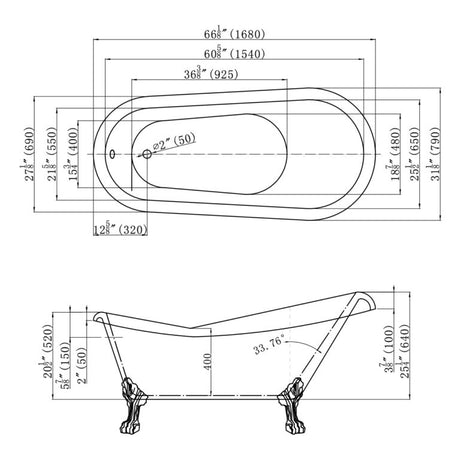 Dakota Sinks DST-CFOUC00BK Signature 66 1/8 x 31 1/8 Inch Free Standing Clawfoot Acrylic Bathtub with Chrome Feet Dakota Sinks