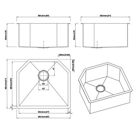 Dakota Sinks DSZ-2321 Signature Z-Series 23 Inch Zero Radius Single D-Bowl Undermount Stainless Steel Kitchen Sink with Bottom Grid Dakota Sinks