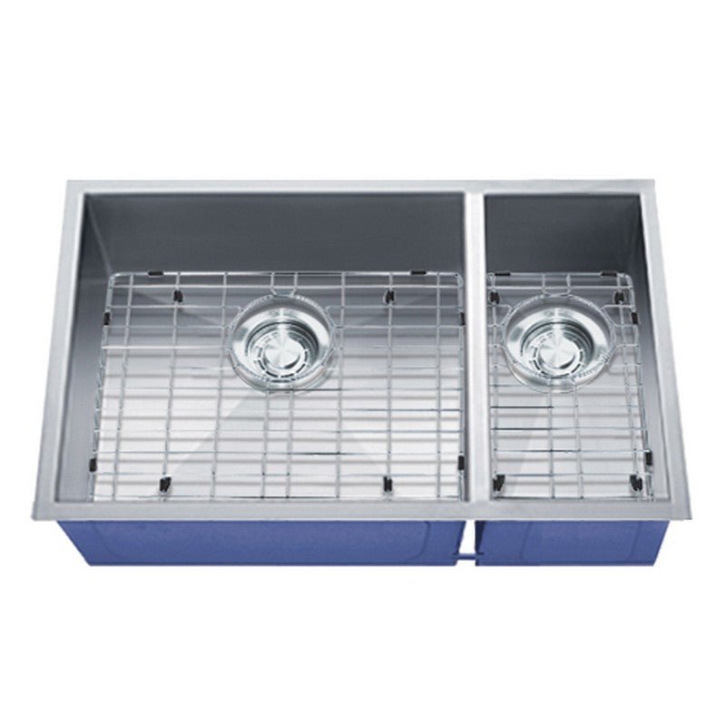 Dakota Sinks DSZ-7030 Signature Z-Series 32 Inch Zero Radius 70/30 Double Bowl Undermount Stainless Steel Kitchen Sink with Bottom Grid DSZ-7030 Dakota Sinks Satin Brushed Nickel