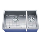 Dakota Sinks DSZ-7030 Signature Z-Series 32 Inch Zero Radius 70/30 Double Bowl Undermount Stainless Steel Kitchen Sink with Bottom Grid DSZ-7030 Dakota Sinks Satin Brushed Nickel