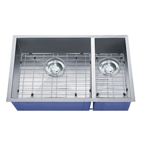 Dakota Sinks DSZ-7030 Signature Z-Series 32 Inch Zero Radius 70/30 Double Bowl Undermount Stainless Steel Kitchen Sink with Bottom Grid DSZ-7030 Dakota Sinks Satin Brushed Nickel