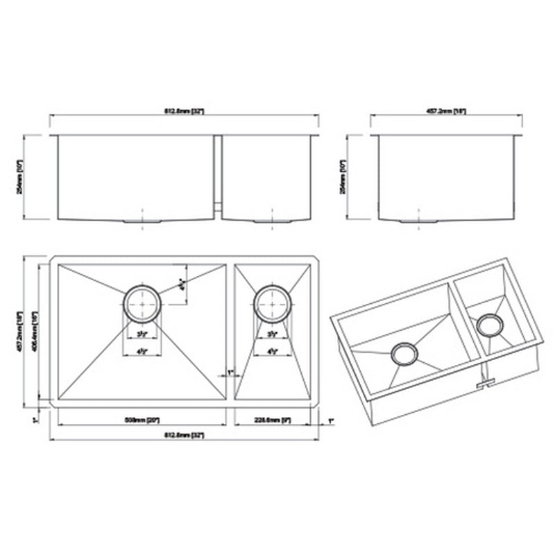 Dakota Sinks DSZ-7030 Signature Z-Series 32 Inch Zero Radius 70/30 Double Bowl Undermount Stainless Steel Kitchen Sink with Bottom Grid Dakota Sinks