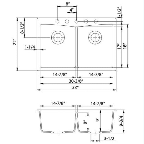 Dakota Sinks GSE-QC5050-W Builders Elements Series 33 Inch Quartz Composite 50/50 Low Divide Double Bowl Undermount Kitchen Sink Dakota Sinks