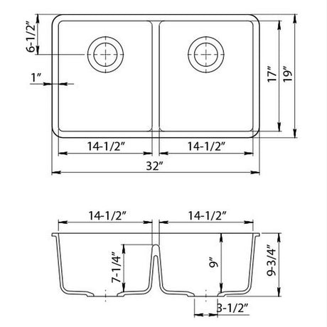 Dakota Sinks GSE-QC5050LD-BE Builders Elements Series 32 Inch Quartz Composite 50/50 Low Divide Double Bowl Undermount Kitchen Sink Dakota Sinks