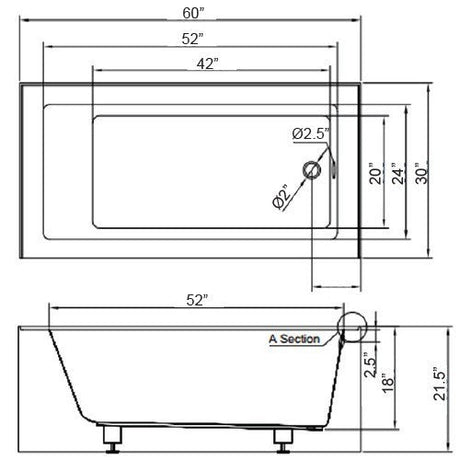 Dakota Sinks UST-ALLC01SNW Signature 60 x 30 Inch Alcove Rectangle Left Hand Drain Bathtub with Nested Tile Flange - White Dakota Sinks