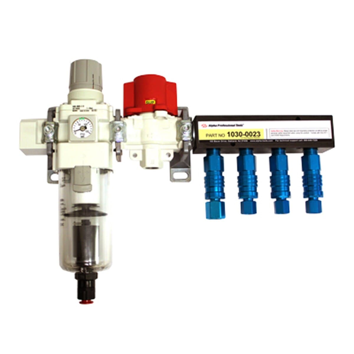 Filter Regulator Manifold System 1030-0021 Alpha Tools 53 CFM 3/8" Filter/Regulator Manifold System (3/8" NPT)Filter/Regulator, Relief Valve, Adapter Blocks, T-Clamps, Couplers & (3) 1/4" Female NPT Plugs