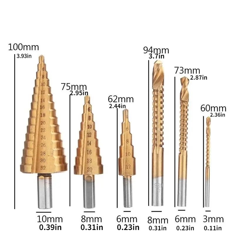 Titanium Step Drill Bits Drilling & Twisting Metal - 6 piece set - Diamond Tool Store